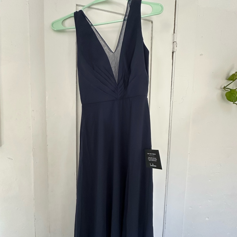 Lulu's Navy V-Neck Chiffon Evening Dress